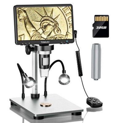 TOMLOV MD9 7'' Digital Microscope 1080P 1200X Microscope Coin Full view & 6'' Tube