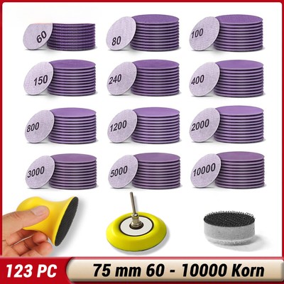 123Stk X Schleifscheiben 75mm Schleifpads Körn 60-10000 Klett Nass & Trocken