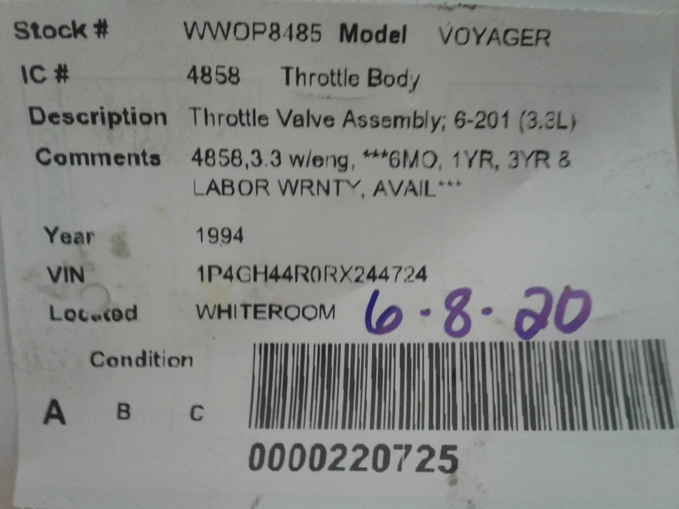 Used Fuel Injection Throttle Body fits: 1994 Plymouth Voyager Throttle Valve Ass Foto 4 de 4