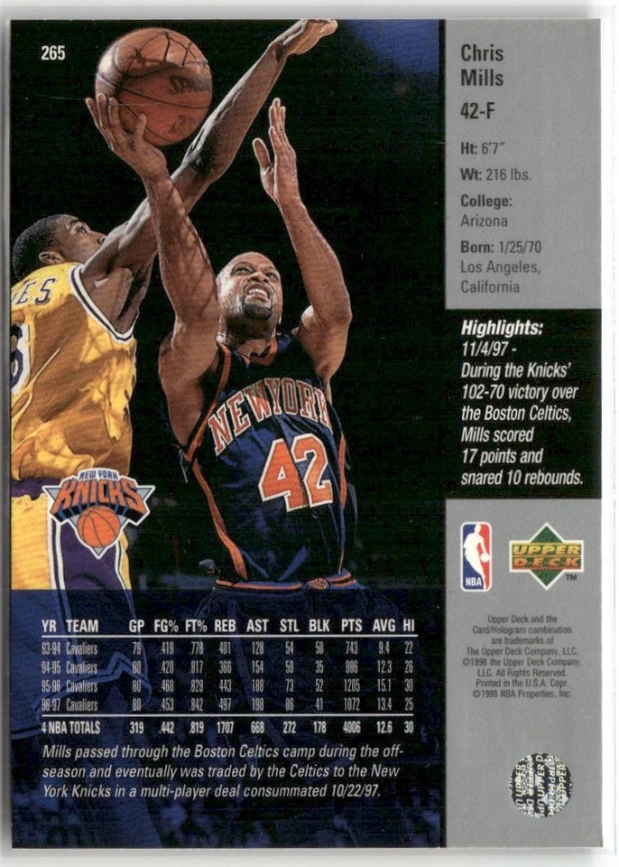 1997-98 UPPER DECK CHRIS MILLS NEW YORK KNICKS #265 - Image 2 of 3