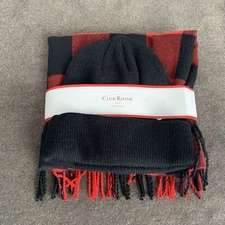 Club Room Men's Solid Black Beanie & Red Plaid Scarf Set Fringe Knit