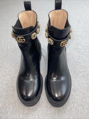 Gucci GG Ankle Chelsea Black 10.5 (IT 40.5) Boots Crystal Belt