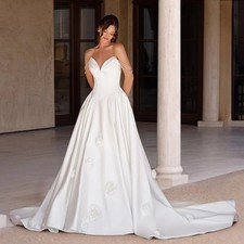 V Neck Wedding Dress Pearls Straps Pleat Flowers Sweep Train Backless Bride Gown