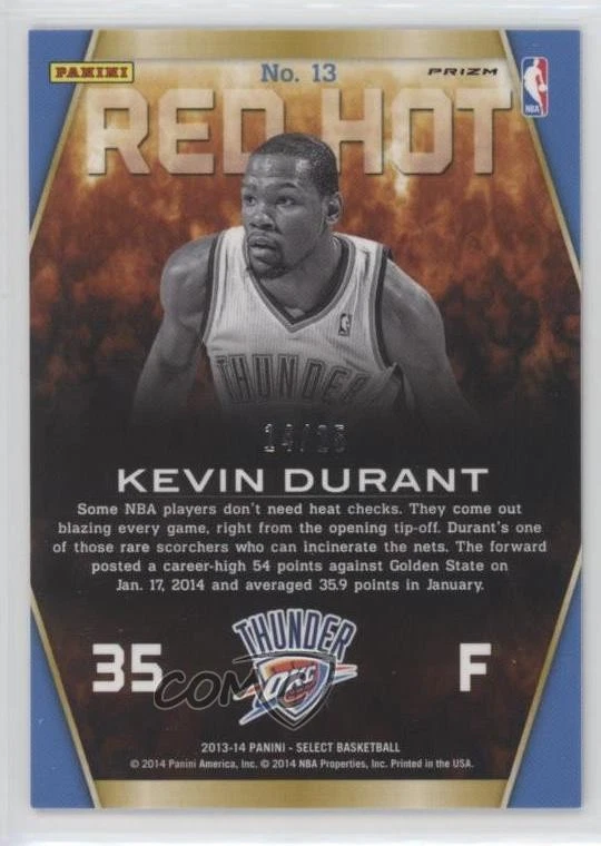 2013-14 Panini Select Red Hot Silver Prizm /25 Kevin Durant #13 - Image 2 of 2