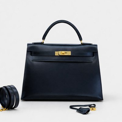 1996 HERMÈS Kelly Black Box Calf Leather Sellier with GHW 32 Noir Black