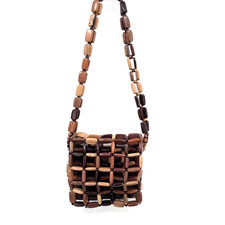 Vintage Handmade Exotic Wood Beaded Mini Purse Shoulder Bag Flap/Zipper Closure