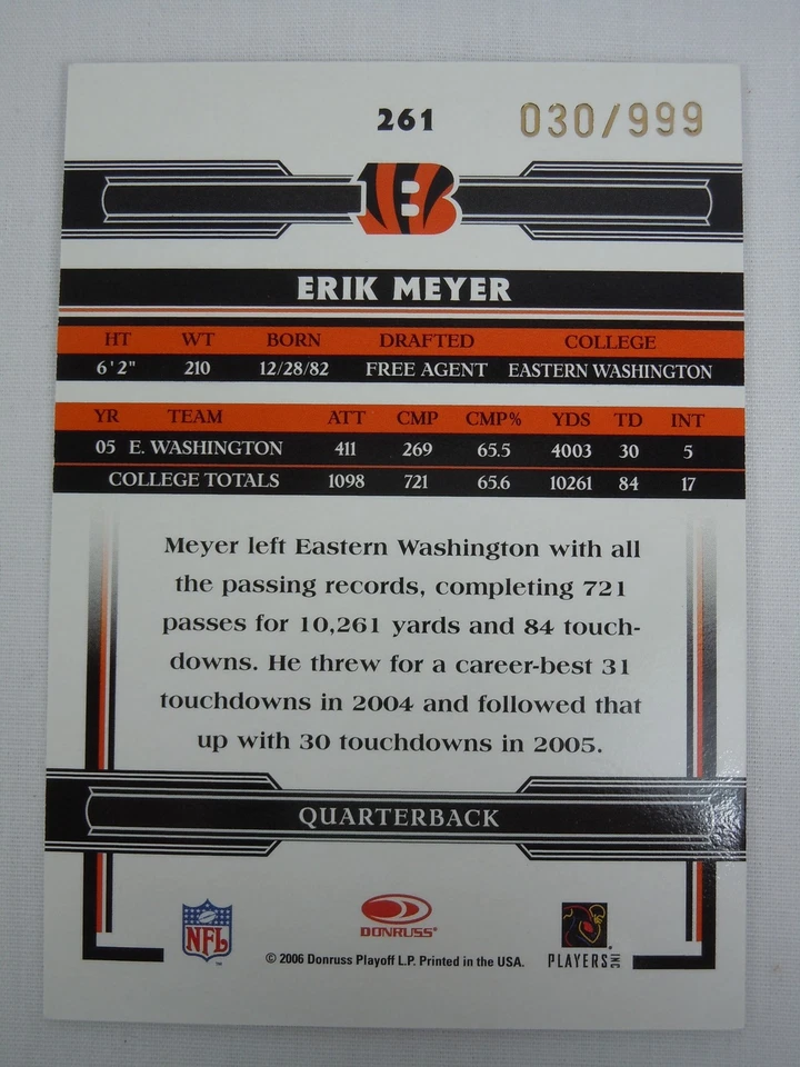 2006 Donruss Threads #261 Erik Meyer Autograph Rookie Card #30/999 Bengals - Image 2 of 2
