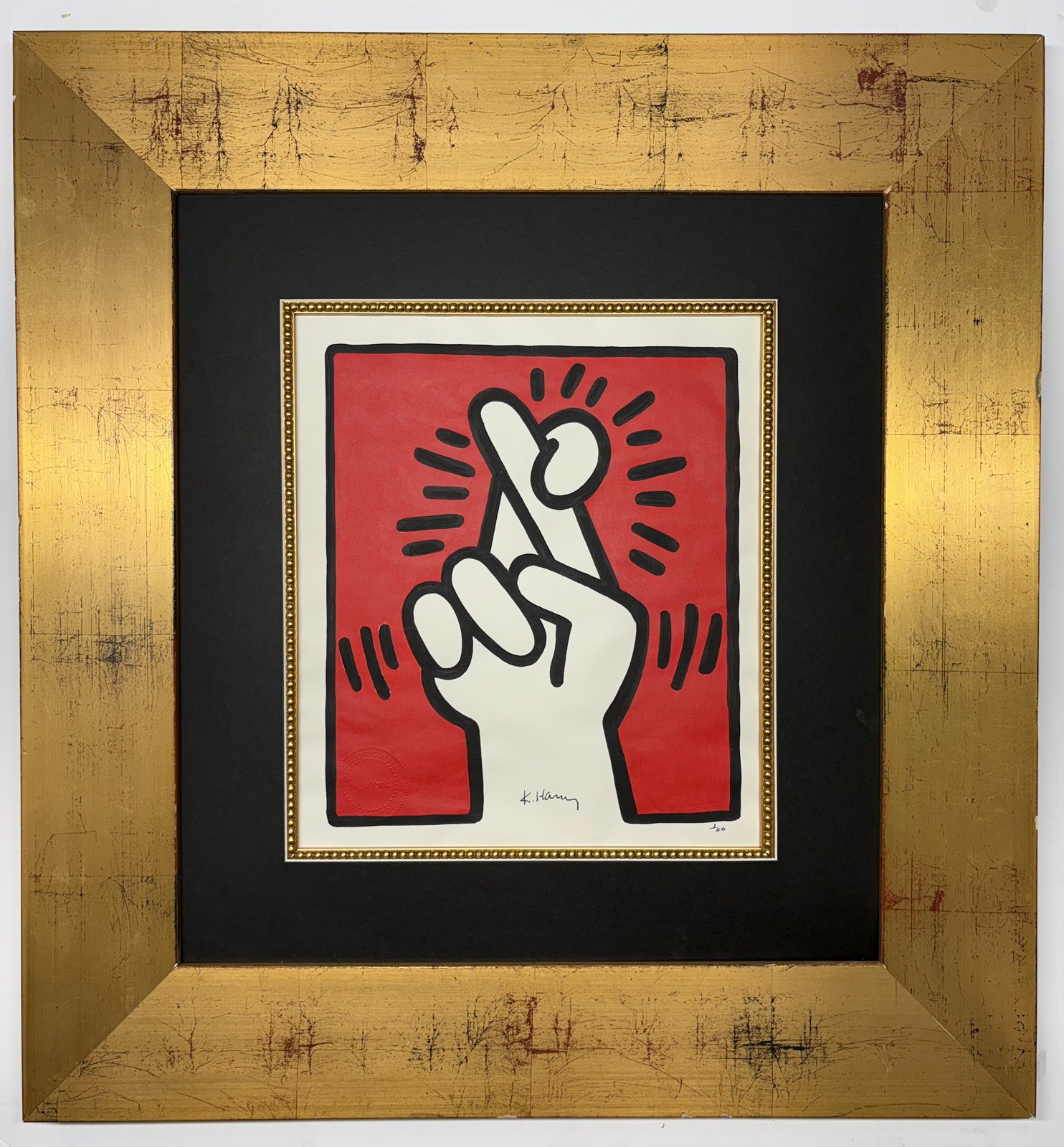 Keith Haring  1928-1987 lithograph/watercolor in the  Style of.Hand signed Frame