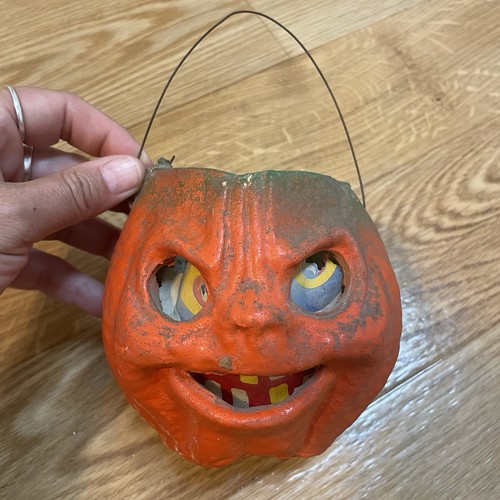 Vintage Paper Mache Pulp Jack O Lantern Halloween Pumpkin 4.5in~1940’s w/ Insert