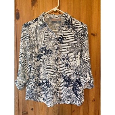 Chicos Navy White Tropical Toile Striped Button Down Blouse Roll Tab Sleeve 0 S