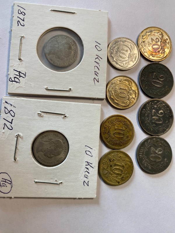  AUSTRIA two 10 kreuzer 1872, four 10 heller, four 20heller