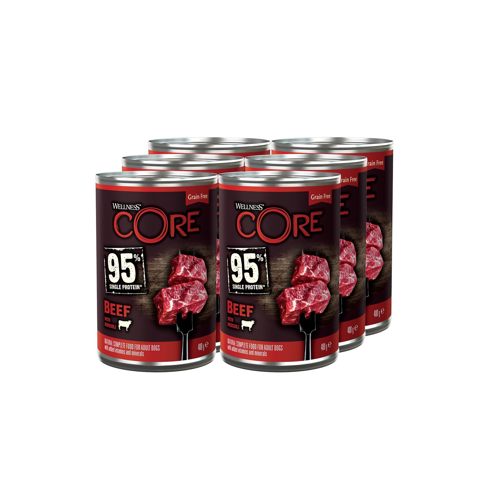 Wellness CORE 95% 6 x 400g Beef & Broccoli Wet Dog Food Chunky Paté for Adult