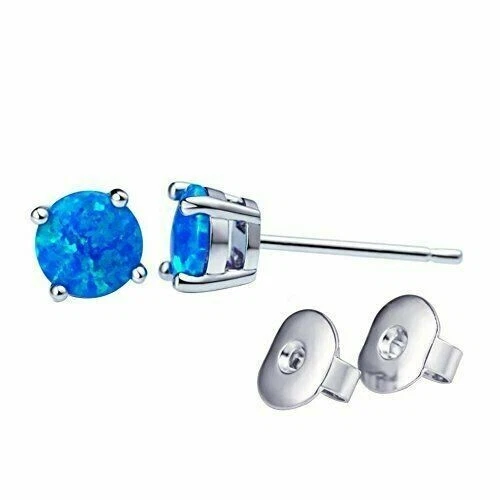 Pendientes de plata de ley 925 de 8 mm redondos de ópalo de fuego azul para m... - Imagen 3 de 4
