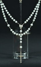 Lovely Antique 19Thc Hand Rosary White Opaline & Sterling Silver Heart Center