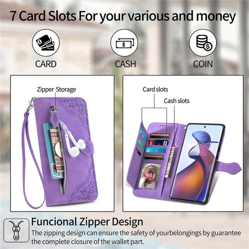 Zip Wallet Case Leather Flip Cover For Motorola Edge 50 Edge 2024 5G Stylus 5G - Bild 4 von 58