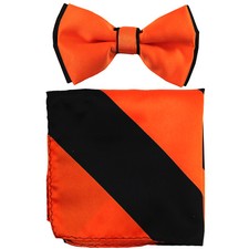 New formal Men's polyester pre-tied bow tie hankie black orange stripes prom