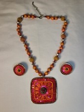 Vintage Native American Beaded Medallion Necklace Earrings Multicolor