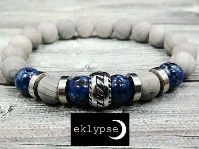 8''L Stainless Steel 10mm Blue & Gray Wood Stripe Jasper Gemstone Beaded Bracelet