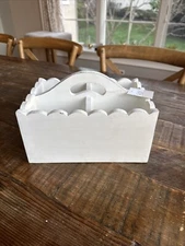 Solid Wood Tote Caddy - Utensil Holder w/Handle - Distressed White Scalloped NEW