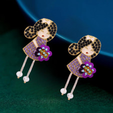 Pink/Purple Rhinestone Enamel Flower Lovely Girl Stud Earrings
