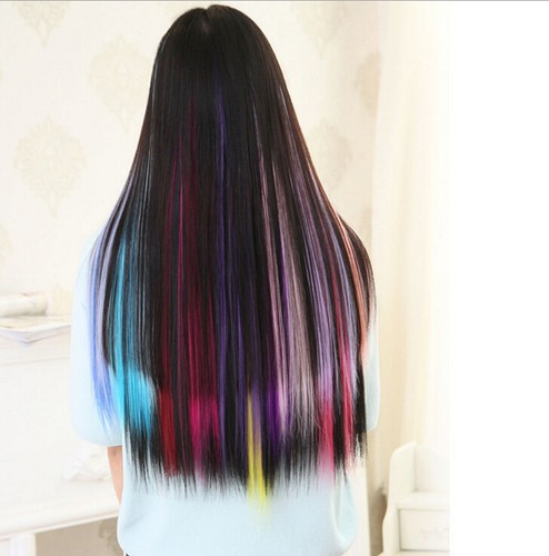 21" Neon Color Clip-on Hair Extensions Rainbow Party Cosplay Anime Halloween - Picture 5 of 19