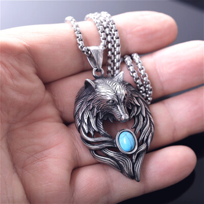 Vintage Stainless Steel Turquoise Wolf Head Pendant Mens Necklace