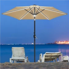  9FT Patio Umbrella w/Solar-Powered LED Lights Strips & Central Light for Garden