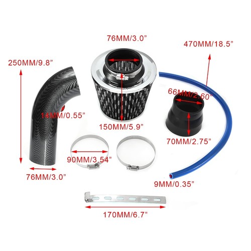 3" High Flowing 76mm Cold Air Intake Induction Pipe Hose w Intake Turbo Filter - Picture 2 of 12