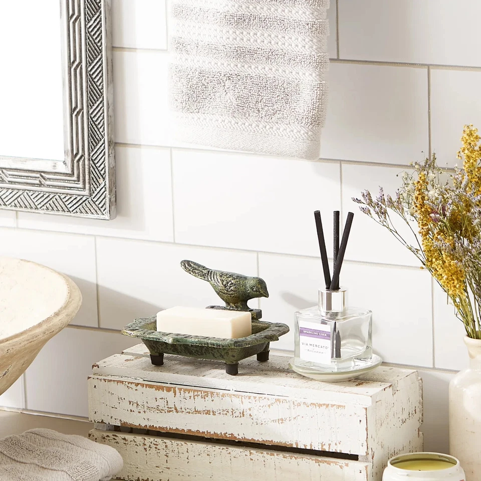 Jabonera Pájaro Hierro Fundido Pátina Verde Dorado Acabado Verdigris Baño Cocina Foto 4 de 4