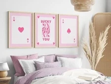 Unframed Pink Wall Art Set of 3,Trendy Prints Lucky You Poster, Queen Of Hearts