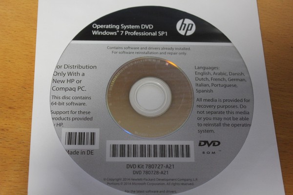 HP Operating System DVD Windows 7 Pro SP1 64-bit Recovery. No incluye licencia
