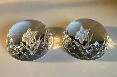Vintage Waterford Irish Crystal Daffodil Round Dome Paperweight 3” - Set Of 2
