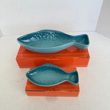 Le Creuset Fish Medium And Small Plate Dish Bowl Set Caribbean Blue New