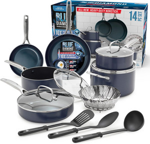 14-Piece Nonstick Diamond Ceramic Cookware Set - Oven Safe, Blue