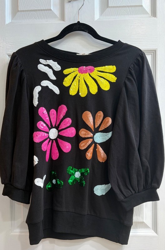 New Easel Floral Sequin 3/4 Bubble Sleeve Top in Black Size Small Pullover