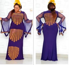 Women's Turkish Purple rhinestone Maxi Dress Sheer Bell Sleeve Formal Evening