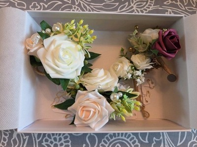 Lings Moment Wedding Flowers 2 White/Cream Wristlets 2 Boutineers White Burgandy
