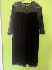 M&S Collection Black Velvet Mesh Polka Dot Dress UK 16 Long VGC
