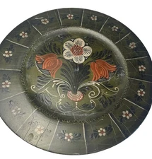 Vintage Hand Painted Folk Art Wooden Plate Green Decor Hand Painted