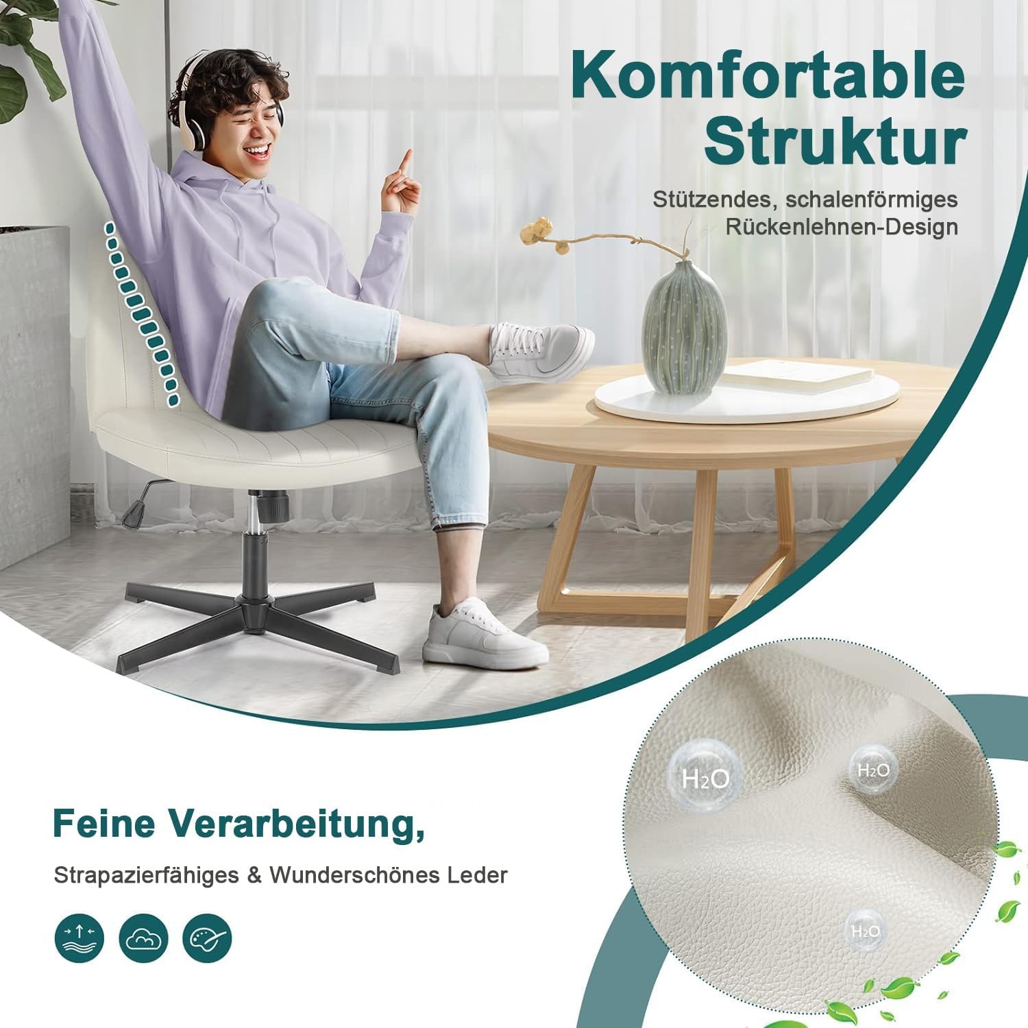 DUMOS Cross Legged Office Chair, Armless Wide Home Without Wheels, Creamy 