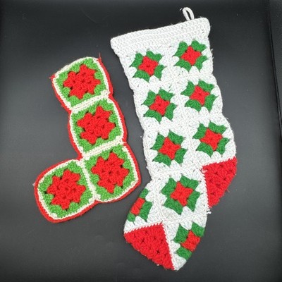2 VTG Crocheted Christmas Stockings Granny Square Red White Green Handmade 17 