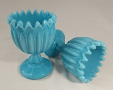 French PORTIEUX VALLERYSTHAL Blue Opaline Glass Goblets Votive Holders Set Of 2