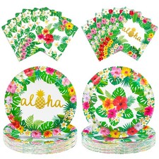 100 Pcs Hawaiian Paper Napkins Plates Tropical Luau Party Supplies 9 Inch Dis...