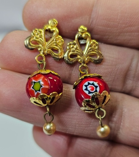 Goldtone w/ Flower Stud Earrings red glass millefiori murano & Dangle faux Pearl