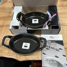 NEW TWO STAUB Cast Iron 5.5" X 3.8" Mini Oval Gratin Baking Dishes Black