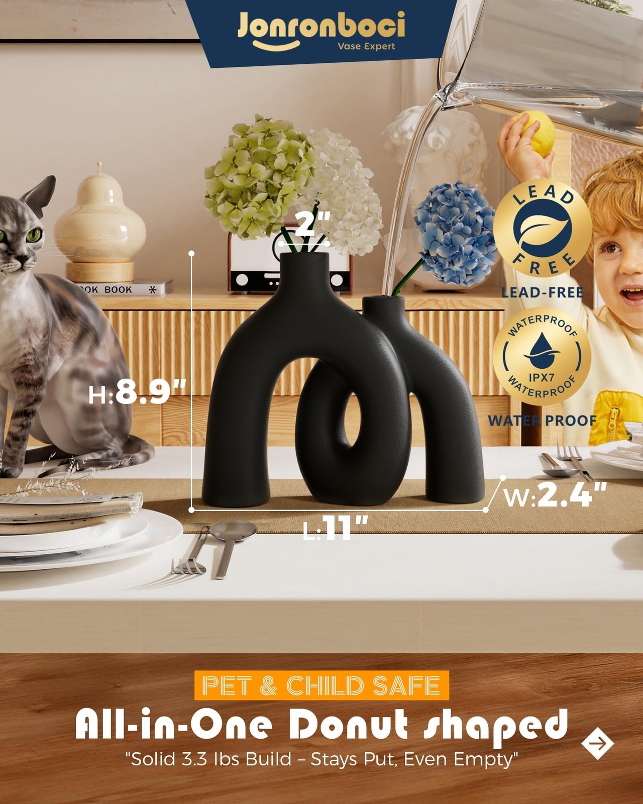 Matte Black Vase Set - Hug Hollow Donut Aesthetic Ceramic Vases Home Decor, M...