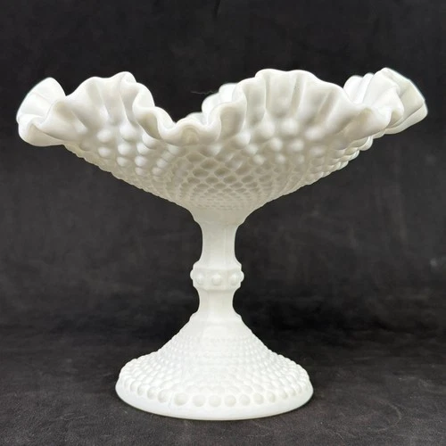 Vintage Milk Glass Hobnail Ruffled Compote Satin Matte Finish Pedestal Bowl 8"