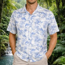 St. John's Bay Hawaiian Aloha Shirt Medium Swordfish Billfish Palms Boats Gray