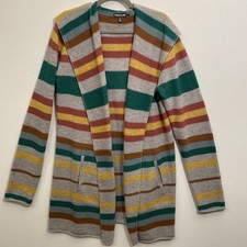 Toad Co Heartfelt Merino Hoodie Open Cardigan Sweater Large Gray Green Stripe
