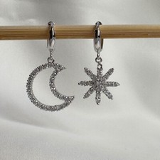 Trendy Cubic Silver 925 Drop Huggie Hoop Earrings Moon Star Dangles Romance